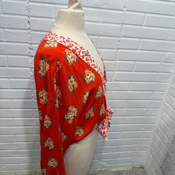 Farm Rio Anthropologie Kimono Open Front Coral Floral Animal Print One Size Fall - Picture 3 of 13